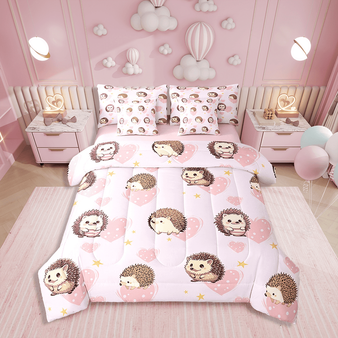 Erosebridal 7 Pieces Hedgehog Bedding Sets Twin Cartoon Animal Comforter Set,Love Heart Bed In A Bag With Pink Reversible(1 Comforter+1 Fitted+1 Flat Sheet+2 Pillowcases+2 Throw Pillow Covers)