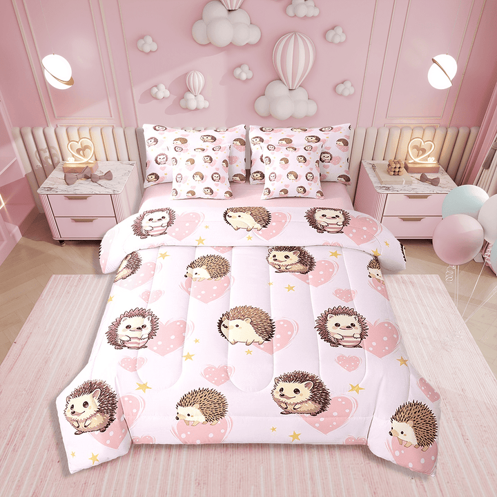 Erosebridal 7 Pieces Hedgehog Bedding Sets Twin Cartoon Animal Comforter Set,Love Heart Bed In A Bag With Pink Reversible(1 Comforter+1 Fitted+1 Flat Sheet+2 Pillowcases+2 Throw Pillow Covers)