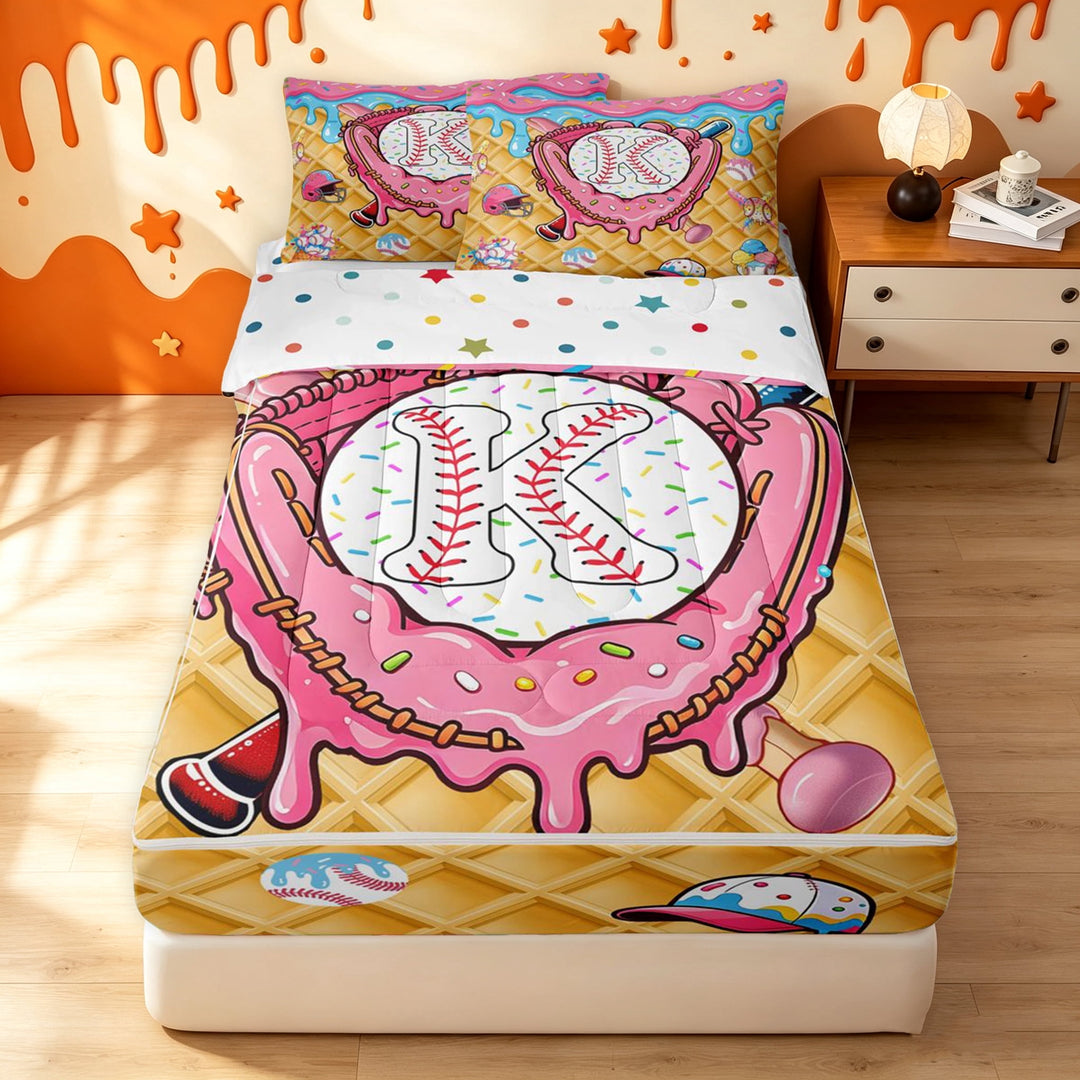 meiyoeat Sweet Baseball Ice Cream Zipper Twin Comforter Sets with Fitted Sheet and 2 Pillowcases for Girls, Kawaii Letter K Glove Zipper Bedding Set, Pink Yellow, Polkadot Reversible, 4 Pieces