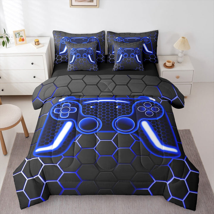 Erosebridal Gamer Twin Comforter Set 7 Piece Gaming Bedding Set With Sheets Navy Blue Neon Honeycomb Gamepad Bed In A Bag Geometric Gamer Bed Set Soft Lightweight For All Season