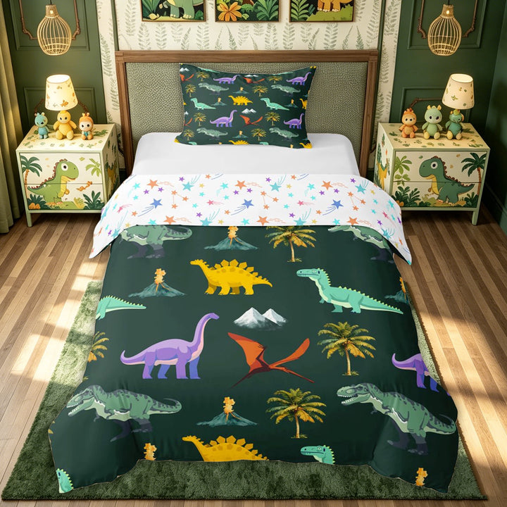 meiyoeat Cute Dinosaur Bedding for Kids Boys, Green Prehistoric Animal Duvet Cover Full for Bedroom, Colorful Star Reversible, 3-Piece