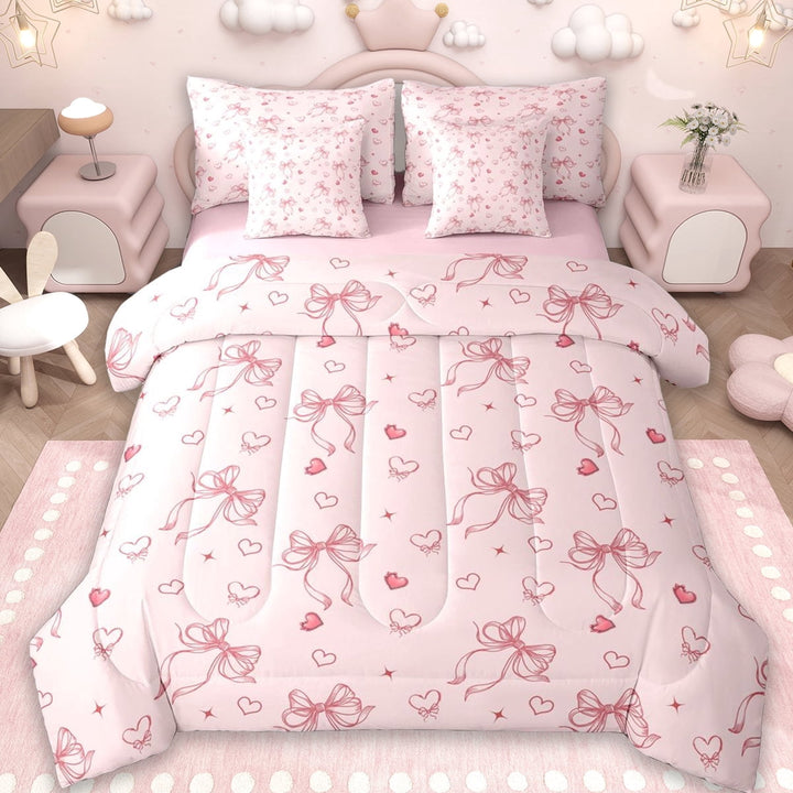 Erosebridal Girls Pink Bowknot 7pcs Bedding Comforter Set,3D Cute Loves Print Queen Bedding Sets For Kids,Reversible pink