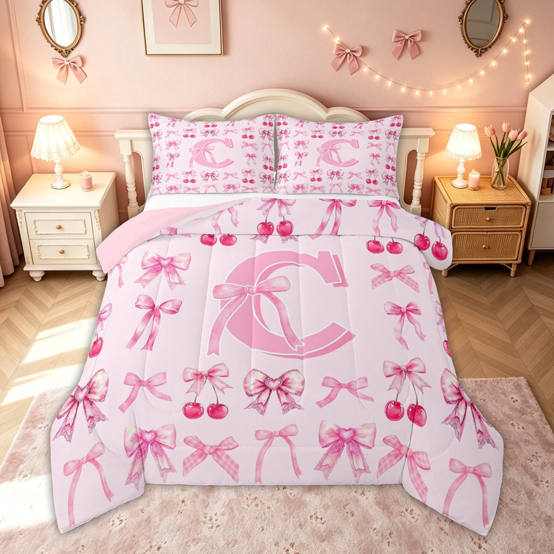meiyoeat Cherry Bow Letter C Full Size Comforter Sets for Girls, Fruit Ribbon Bedding Comforter Set, Hot Pink, Pink Reversible, 3-Piece, 1 Comforter and 2 Pillowcases