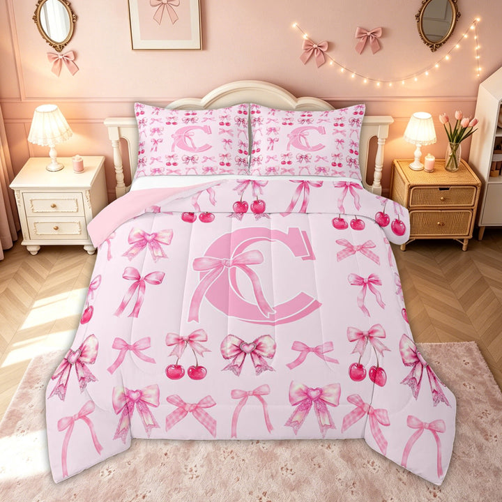 meiyoeat Cherry Bow Letter C Full Size Comforter Sets for Girls, Fruit Ribbon Bedding Comforter Set, Hot Pink, Pink Reversible, 3-Piece, 1 Comforter and 2 Pillowcases