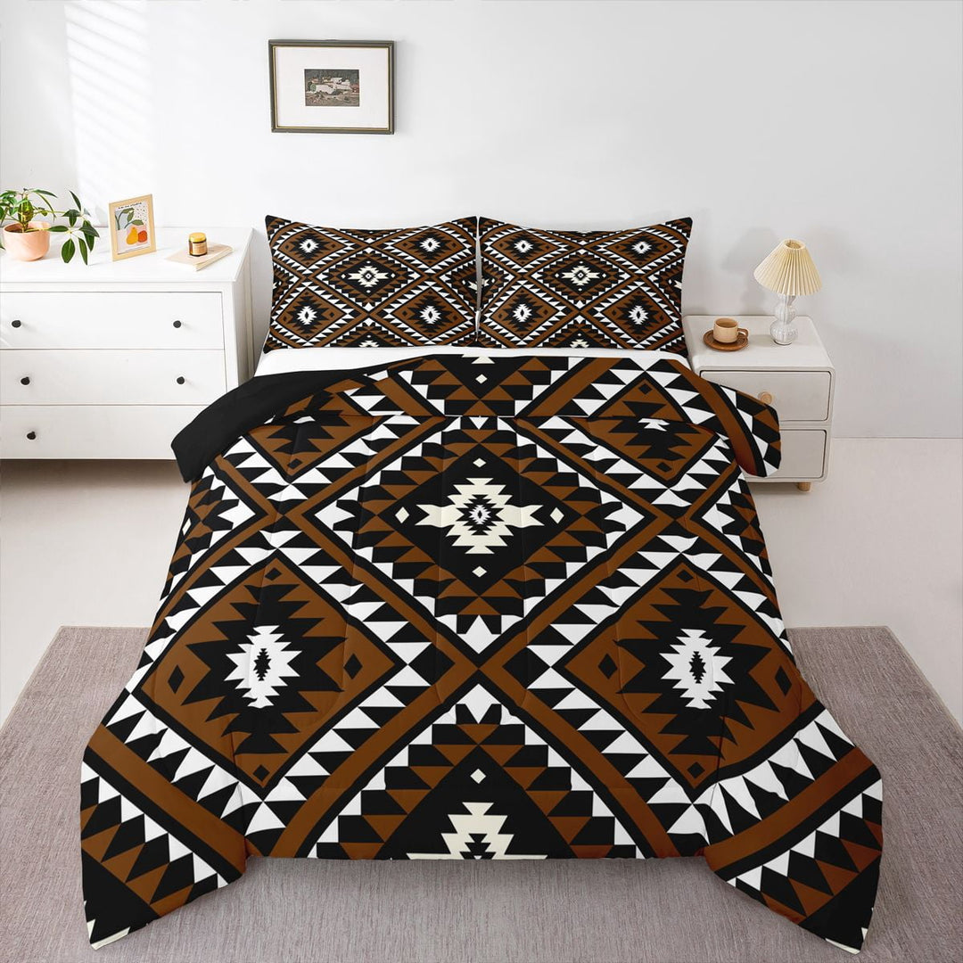 Rustic Western Full Size Comforter Set For Men,Southwestern Aztec Bedding Set Bohemian Quilt Comforter Ethnic Mexican Geometric Diamond Duvet Insert Brown Black White Farmhouse Room Decor 3 Pcs