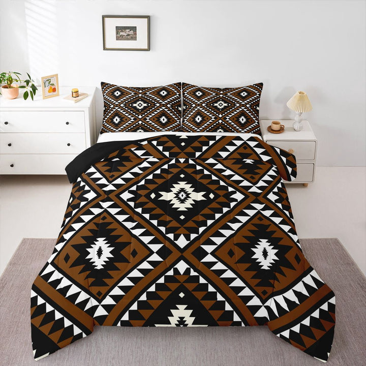 Rustic Western Full Size Comforter Set For Men,Southwestern Aztec Bedding Set Bohemian Quilt Comforter Ethnic Mexican Geometric Diamond Duvet Insert Brown Black White Farmhouse Room Decor 3 Pcs