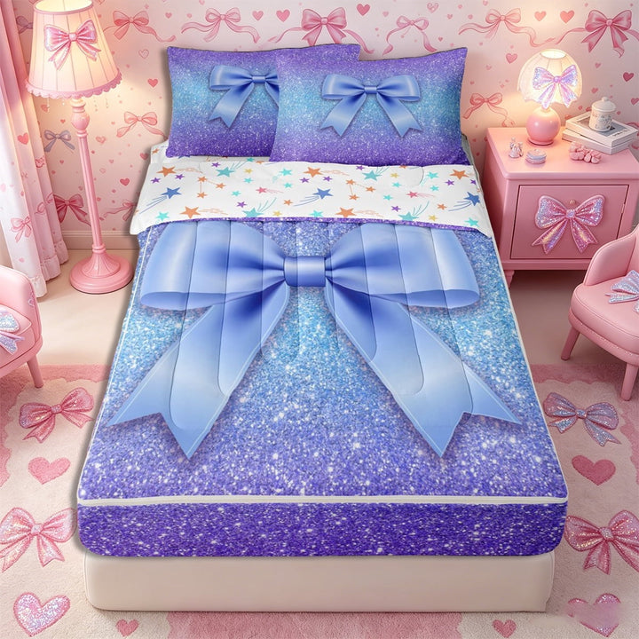 Meiyoeat Glitter Princess Ribbon Bow Zipper Twin Comforter Sets with Fitted Sheet and 2 Pillowcases for Teens, Gradient Blue Purple Zipper Bedding Set,4-Piece