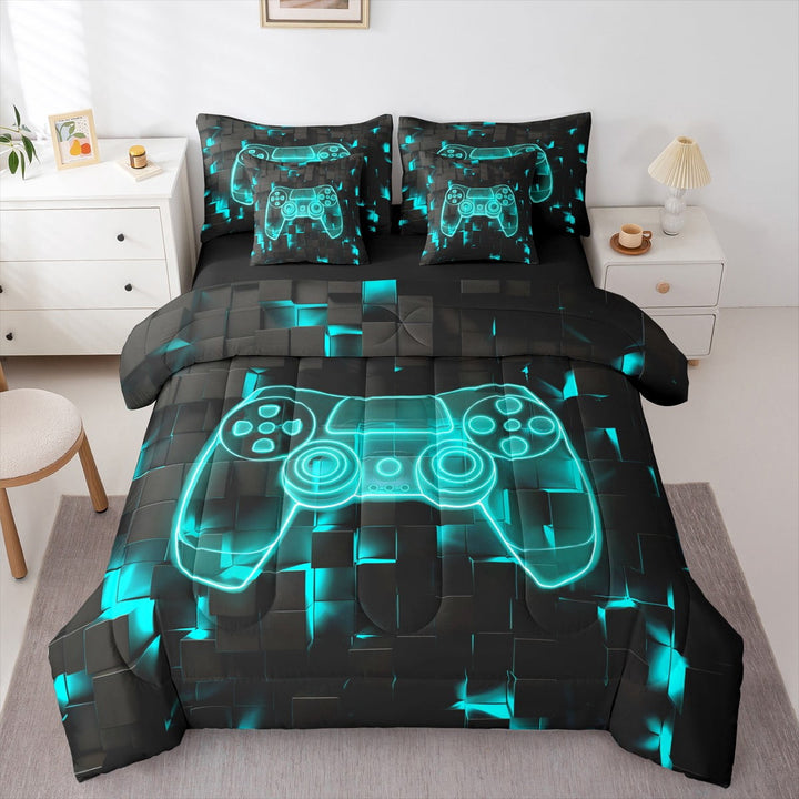 Gamer Comforter , Gaming 7 Pieces Bed In A Bag Twin Size Video Games Bedding - 1 Comforter, 1 Fitted Sheet, 1 Flat Sheet, 2 Pillow Cases, 2 Throw Pillow Covers, Teal Black
