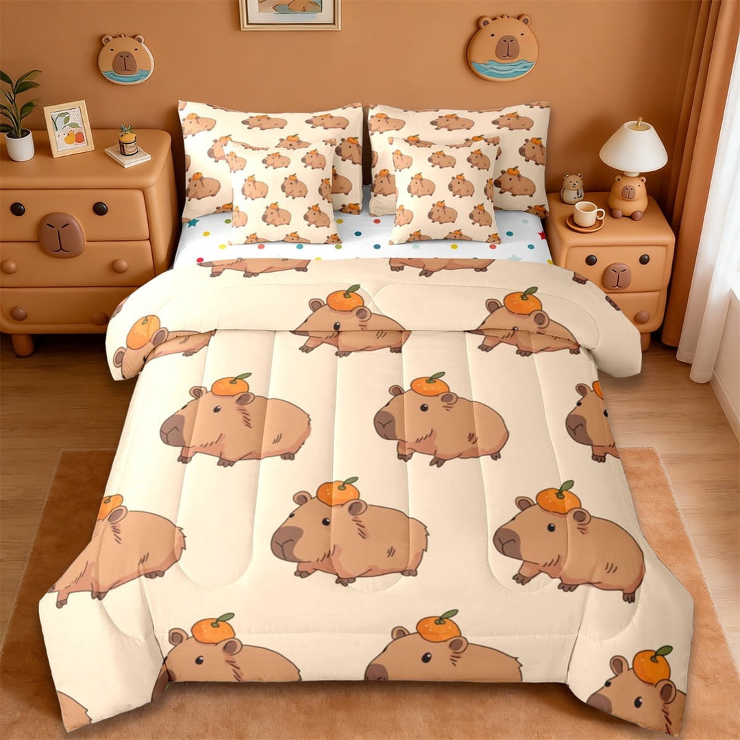 Erosebridal Kawaii Animals Capybara 7-Piece Twin Bedding Sets,Brown Rodent Animal Bedding Comforter Set For Kids Girls Reversible