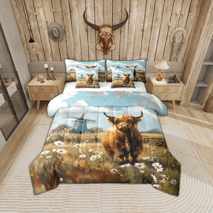 Erosebridal Cartoon Highland Cow Bedding Sets Twin Size, Rustic Windmill Farmhouse Comforter Sets with Sheets, Daisy Floral Home Decor, Reversible 7-Piece