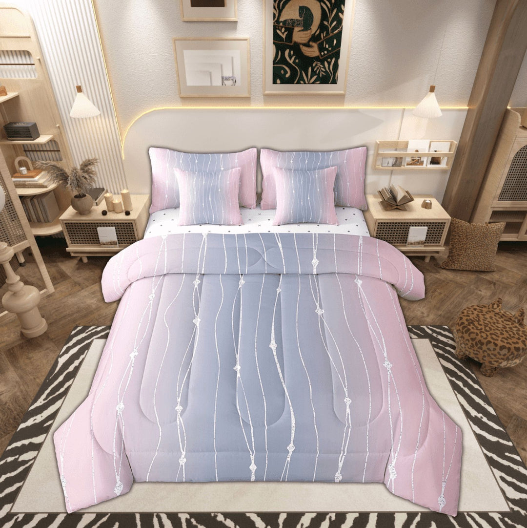 Pink and Grey Bedding Comforter Sets 7Pcs Women Watercolor Gradient Bed in a Bag Geometric Abstract Queen Bedding Sets Wave Stripe Comforter Set Modern Aesthetic Artwork Bedding Sets