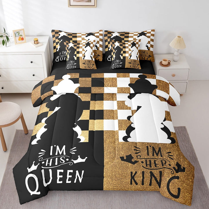 Black White Chess Bedding Set 7 Piece Gold Checkered Queen Comforter Set For Adults Men,Queen And King Couple Bed In A Bag,His And Hers Valentine&