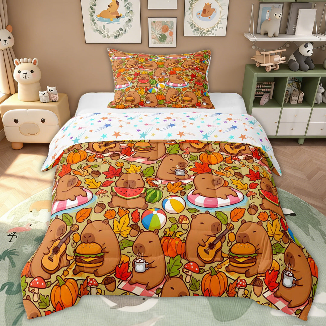 Erosebridal Kids Brown Capybara Twin Comforter Sets, Summer Fall Leaf Bedding Set, 2 Pieces