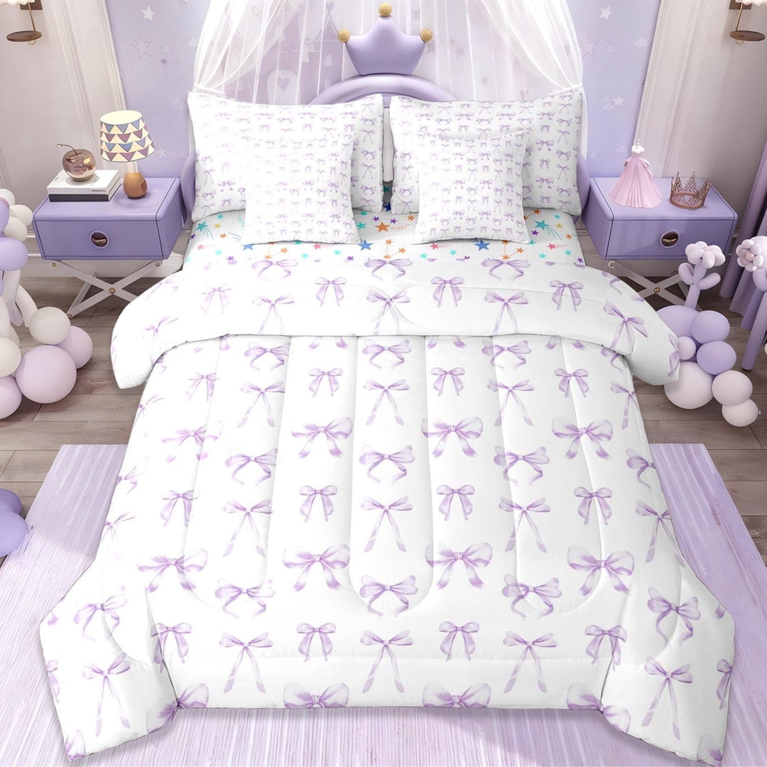 Erosebridal Purple Cute Bow 7-Piece Twin Bedding Sets For Girls Teens,Kawaii Girly Bowknot Bedding Comforter Set,Dreamy Princess Style,Reversible