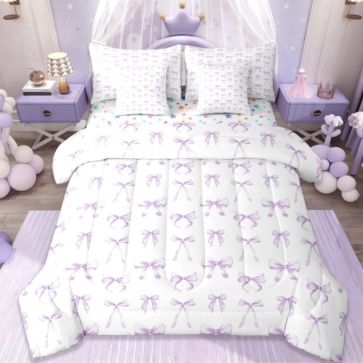 Erosebridal Purple Cute Bow 7-Piece Twin Bedding Sets For Girls Teens,Kawaii Girly Bowknot Bedding Comforter Set,Dreamy Princess Style,Reversible