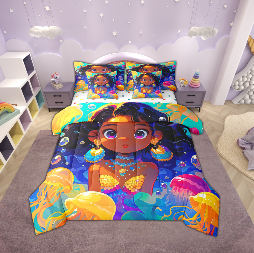 Afro Girls 7 Piece Comforter Set Full Bed in a Bag,American African Princess Bedding Sets Ocean Jellyfish Black Hair Girl Sheet Set with Comforter