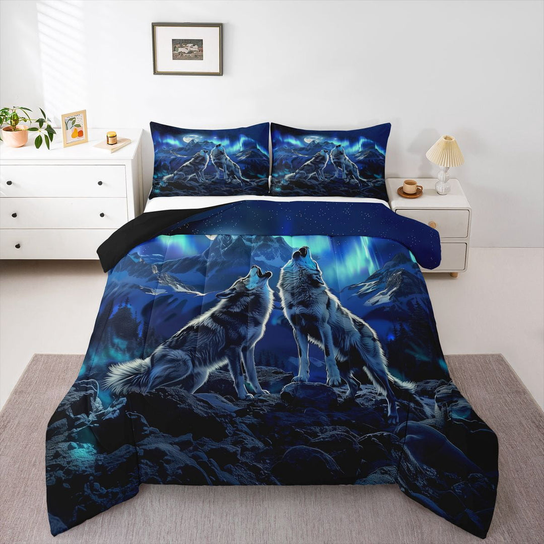 Manfei Wild Wolf Full Size Comforter Sets,Moon Mountain Bedding Comforter Set,Blue,Black Reversible,3pcs,1 Comforter and 2 Pillowcases