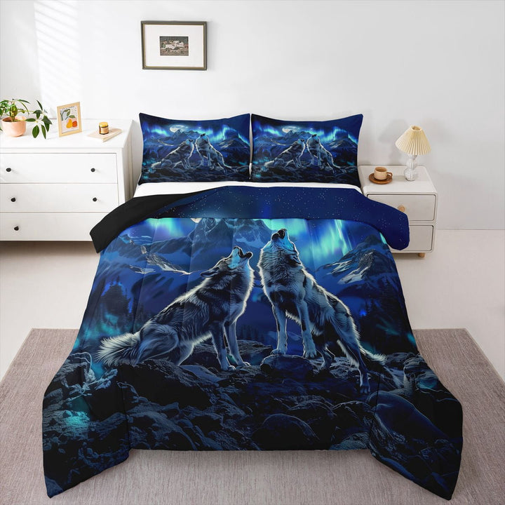 Manfei Wild Wolf Full Size Comforter Sets,Moon Mountain Bedding Comforter Set,Blue,Black Reversible,3pcs,1 Comforter and 2 Pillowcases