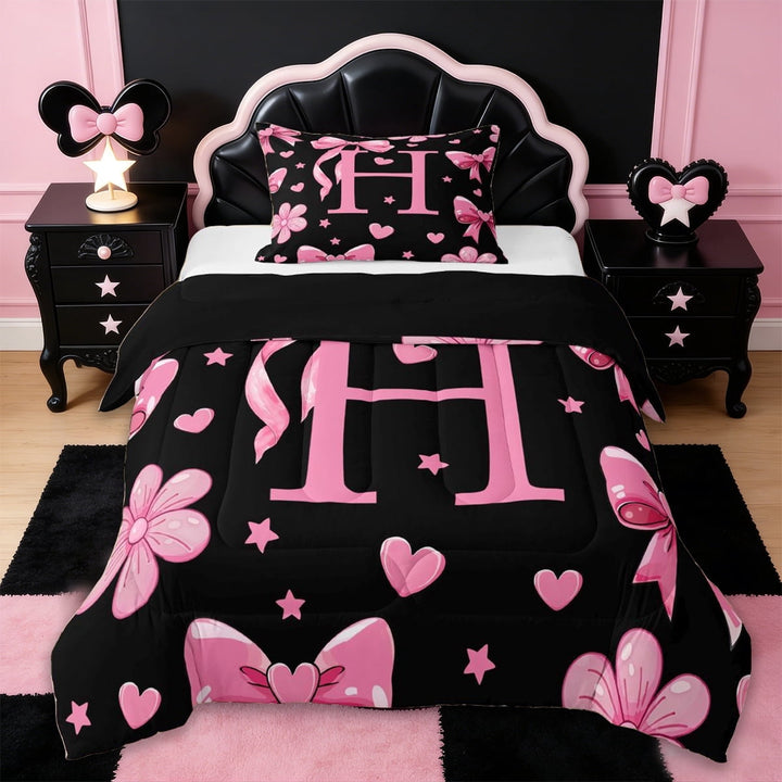 Erosebridal Girls Cute Bowknot Twin Comforter Sets,Pink Loves H Alphabet Bedding Set For Kids,Reversible black,2 Pieces