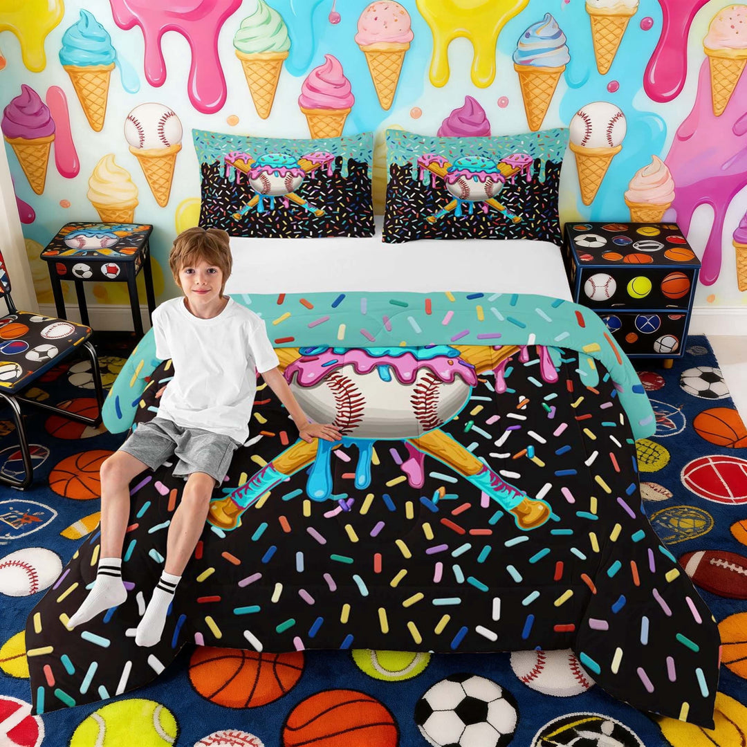 Erosebridal Pink Blue Ice Cream Baseball Bat Print Full Size Comforter Sets, Sweet Sports Bedding Sets for Kids Boys and Girls, Colorful Stars Reversible 3-Piece, 1 Comforter and 2 Pillowcases