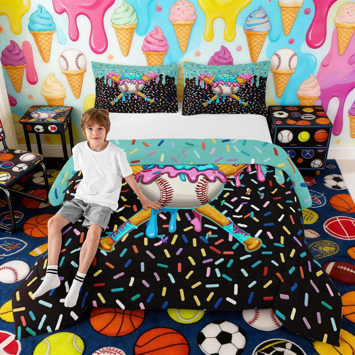 Erosebridal Pink Blue Ice Cream Baseball Bat Print Full Size Comforter Sets, Sweet Sports Bedding Sets for Kids Boys and Girls, Colorful Stars Reversible 3-Piece, 1 Comforter and 2 Pillowcases