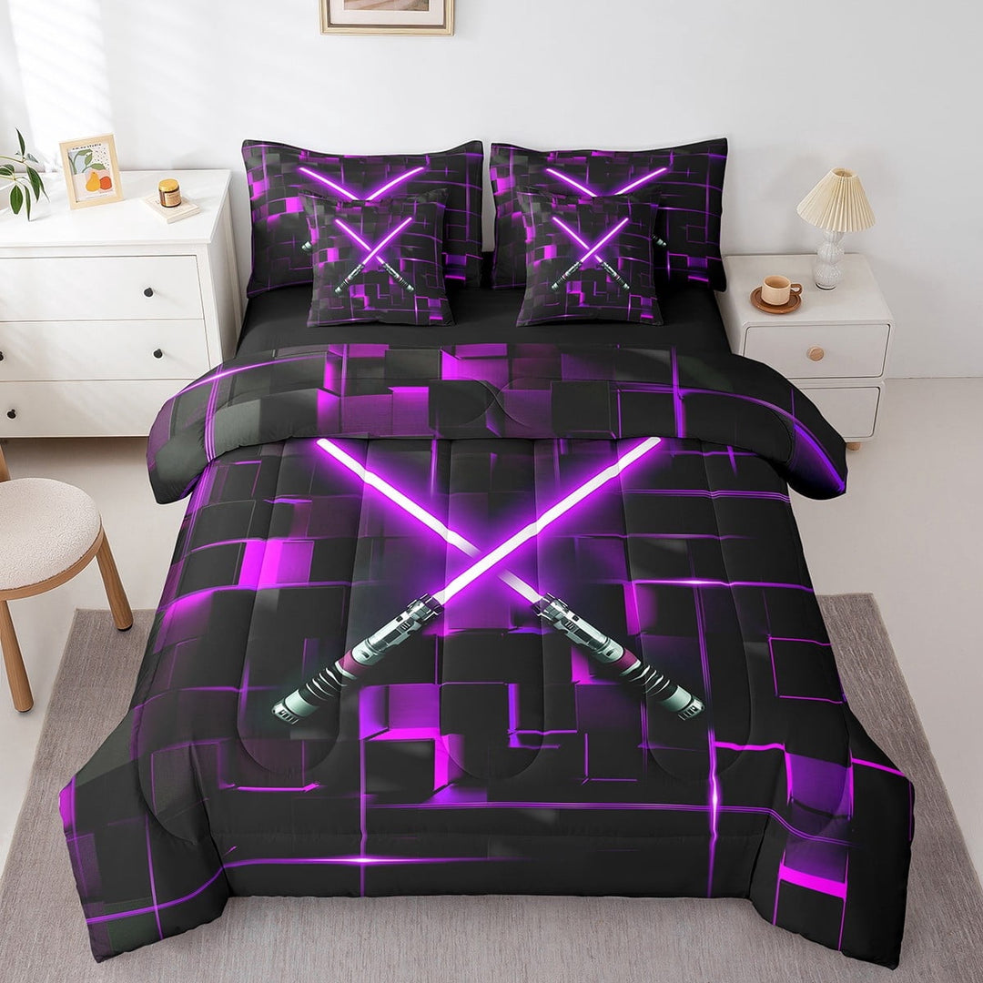 Erosebridal Electric Games Bedding Twin Size,Purple Neon Light Comforter Sets with Sheets,Glowing Ombre Checkered Bedding Sets Twin Size For Teens,Ultra Soft Bedroom Decoration Reversible,7pcs