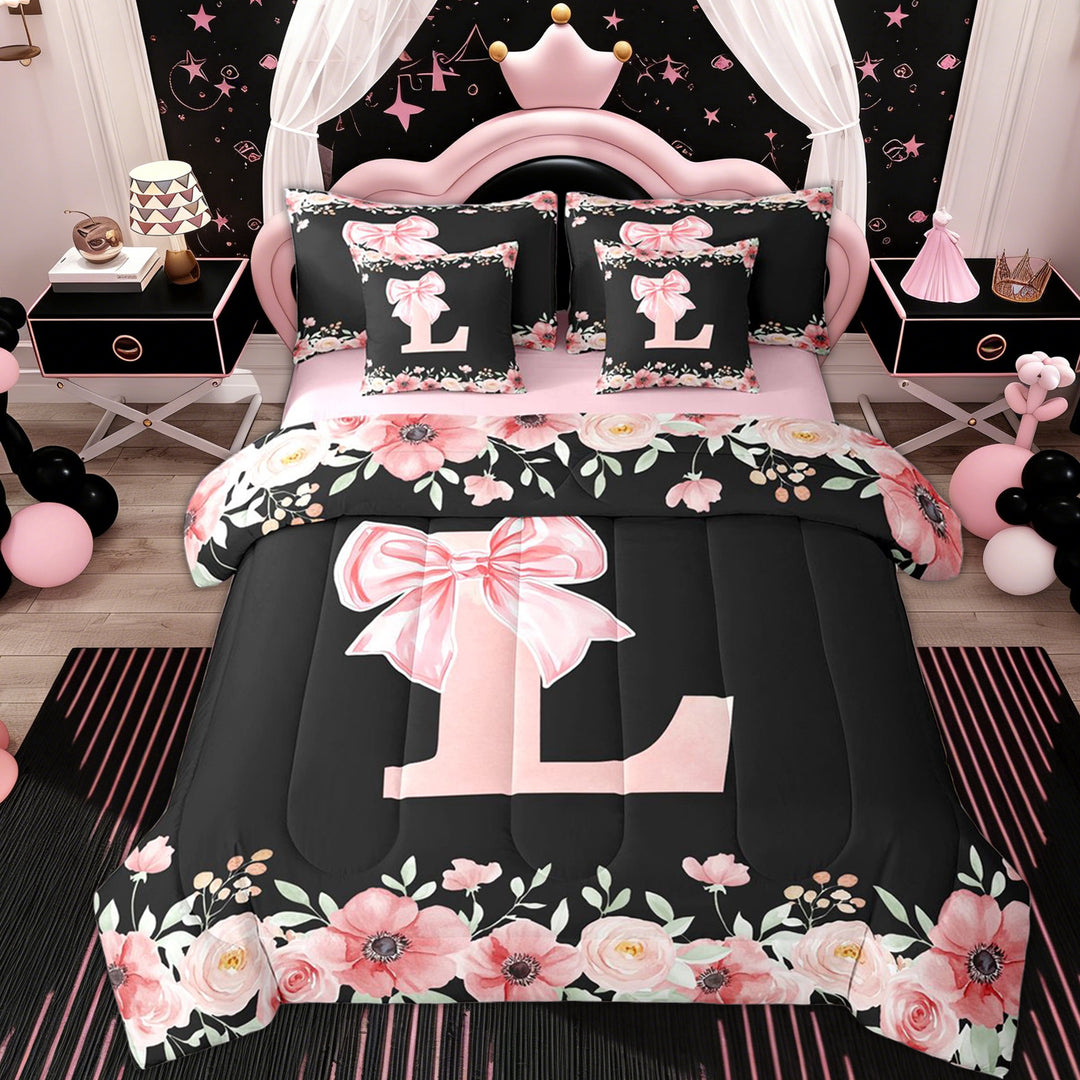Erosebridal Letter L Twin Bedding Sets 7-Piece for Girl, Cherry Blossoms Bedding Comforter Set, Black Pink