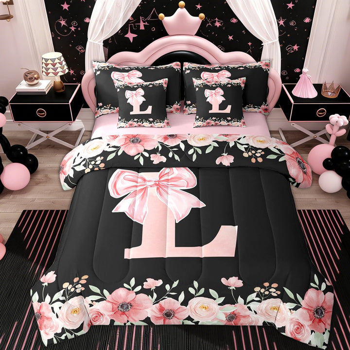 Erosebridal Letter L Twin Bedding Sets 7-Piece for Girl, Cherry Blossoms Bedding Comforter Set, Black Pink