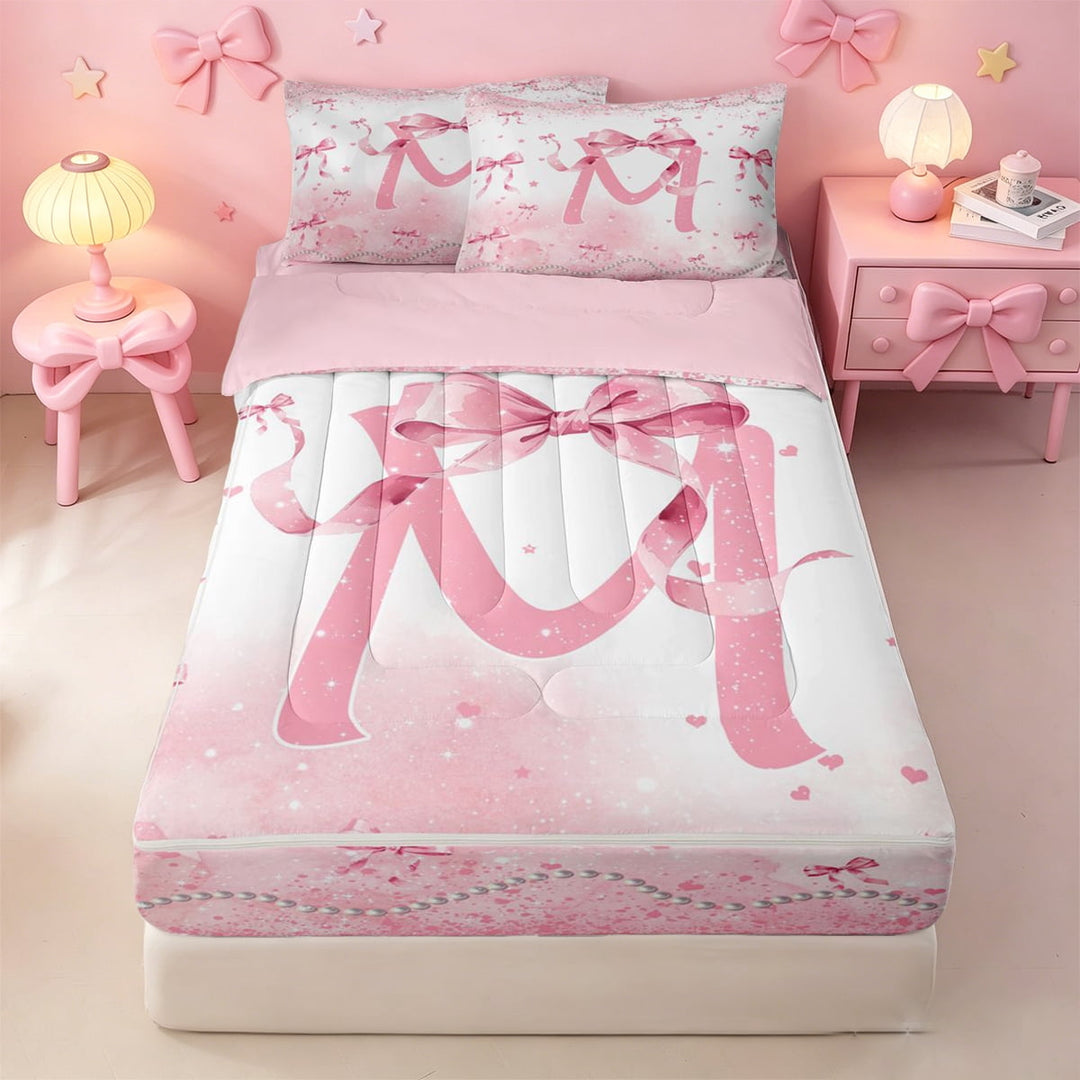 meiyoeat Cute Coquette Bowknot Zipper Twin Comforter Sets with Fitted Sheet and 2 Pillowcases,Pink Monogrammed M Print Zipper Bedding Set For Girl,Pink Reversible,4-Piece