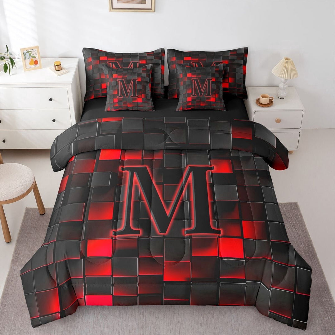 Erosebridal Personalized Initial M Twin Bedding Sets 7-Piece For Teens Adults,Boys Girls Geometric Plaid Bedding Comforter Set,Black Reversible