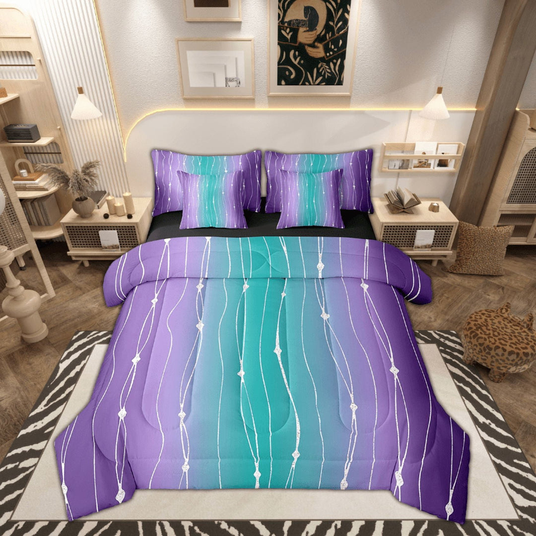 Teal and Purple Gradient Queen Comforter Set 7-Piece Watercolor Ombre Bedding Comforter Sets, Abstract Aesthetic Bed in a Bag Wave Line and Dots Bedding Set, Geometry Bed Sheets Set Bedroom Decor