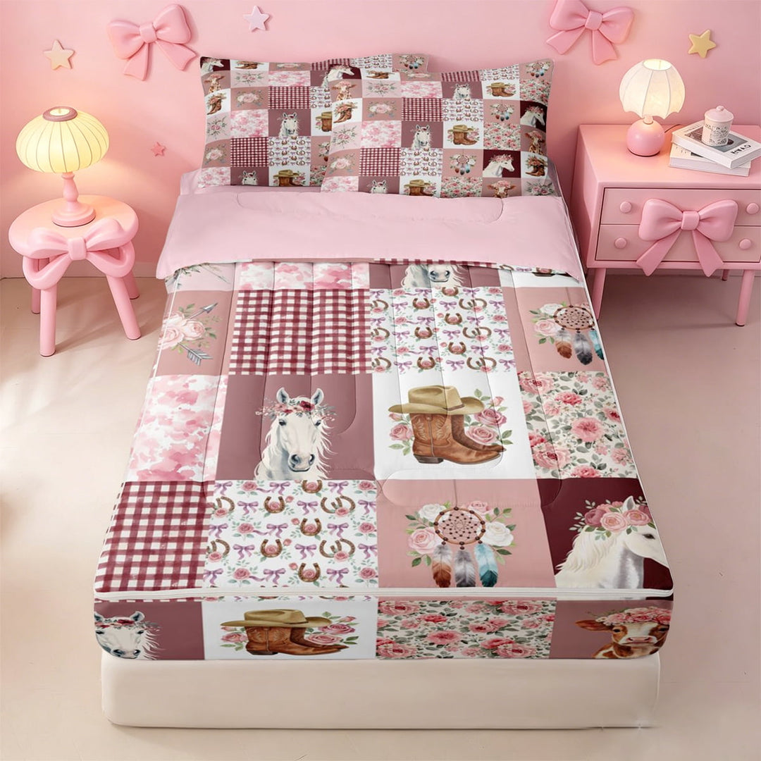 meiyoeat Farm Animal Horse Cow Zipper Full Size Comforter Sets with Fitted Sheet and 2 Pillowcases,Romantic Pink Flowers Zipper Bedding Set For Girl,Reversible,4 Pieces
