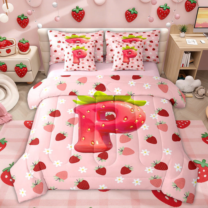 Erosebridal Pink Initial P Letter Twin Bedding Sets, Girls Princess Strawberry Bedding Comforter Set for Kids, Pink Reversible, 7pcs
