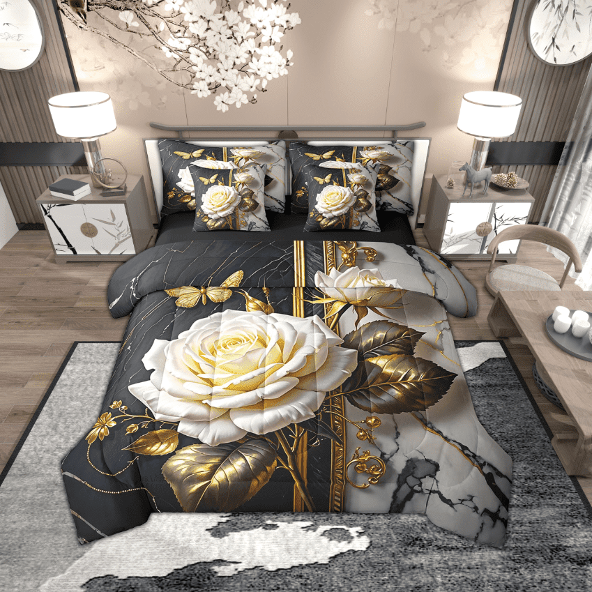 Manfei Botanical Flower 7-Piece Bedding Sets King Size, Chic Floral Comforter Sets with Sheets, Gold Leaves Bedding Accessories, Lightweight Room Decoration