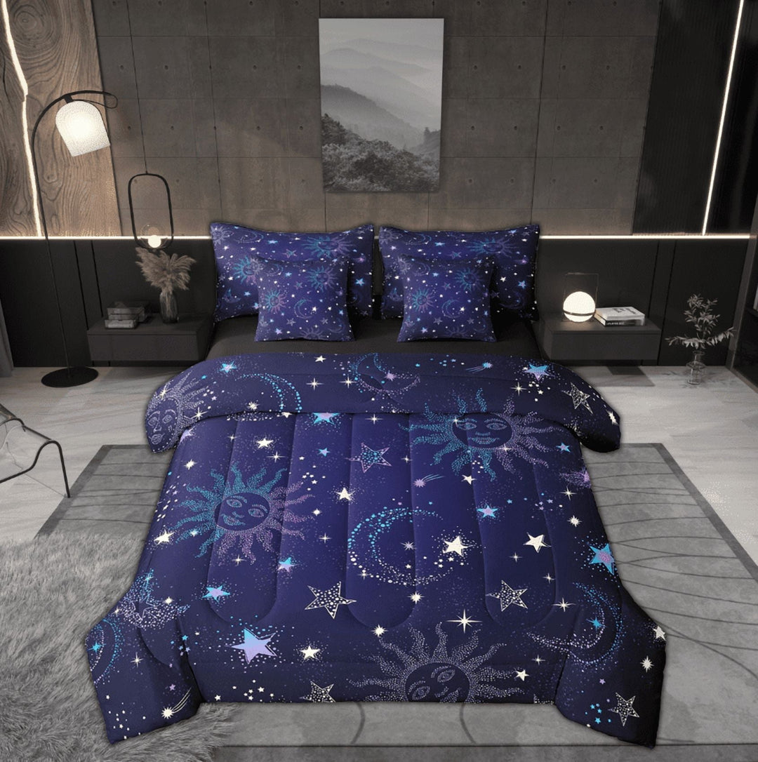 Manfei Glitter Boho Sun Bed in a Bag Full size, Bling Stars Print Bedding Sets Full Size, Mystic Starry Sky Reversible Bedding Full Size, Lightweight Bedroom Decoration, 7pcs