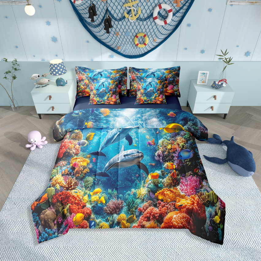 Erosebridal Sealife Dolphin Bedding Sets Twin Size,Underwater World Comforter Sets with Sheets,Marine Animal Bedroom Decor,Reversible,Breathable,7-Piece
