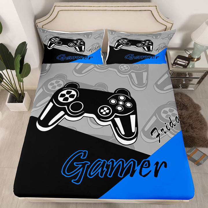 Erosebridal Gamer Bed Sheets Set And Gaming Bedding Set Video Game Controller Fitted Sheets 3Pcs Sheets Includes 1 Fitted Sheet &amp; 1 Flat Sheet With 2 Pillowcases Blue Black (Full)