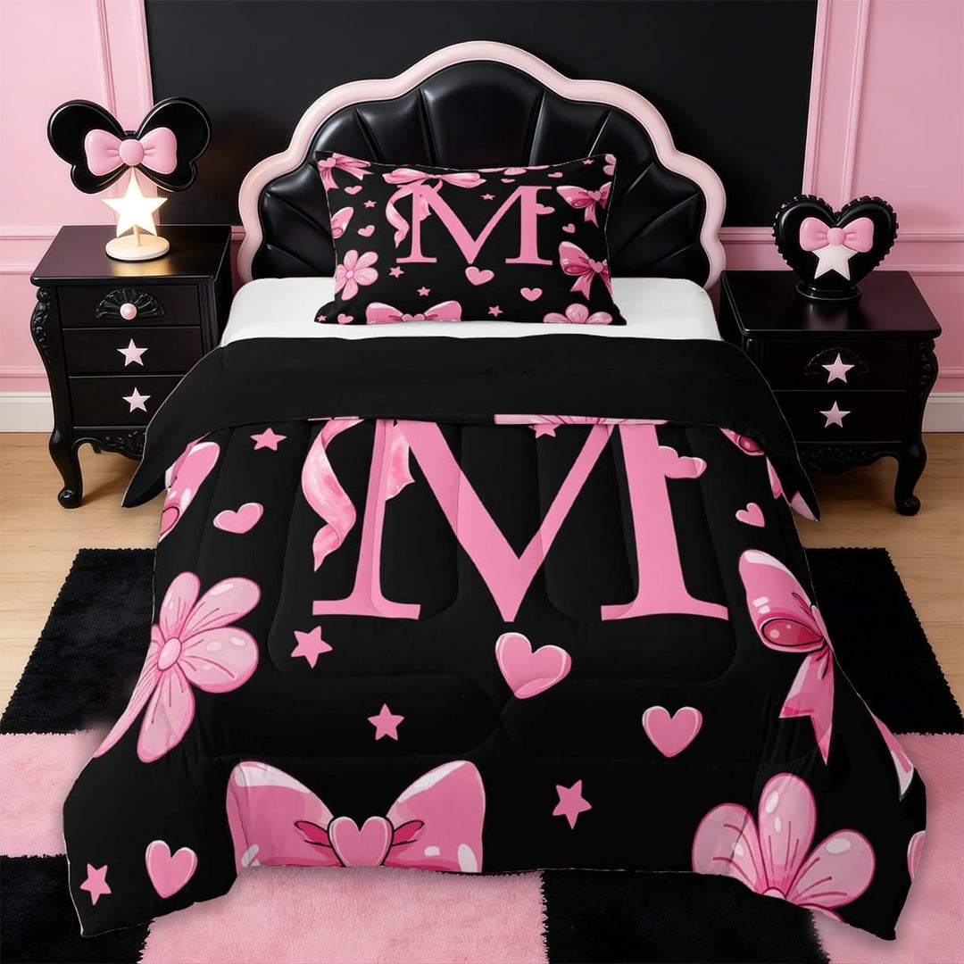 Erosebridal Cute Bowtie Letter M Twin Comforter Sets,Pink Bowknot Kawaii Loves Pattern Bedding Set For Girls Kids,Reversible black,2-Piece