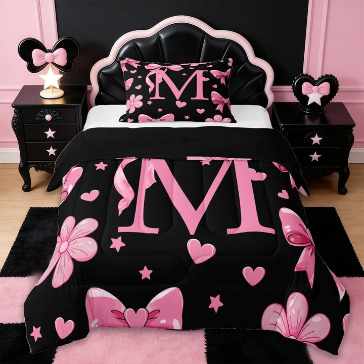 Erosebridal Cute Bowtie Letter M Twin Comforter Sets,Pink Bowknot Kawaii Loves Pattern Bedding Set For Girls Kids,Reversible black,2-Piece