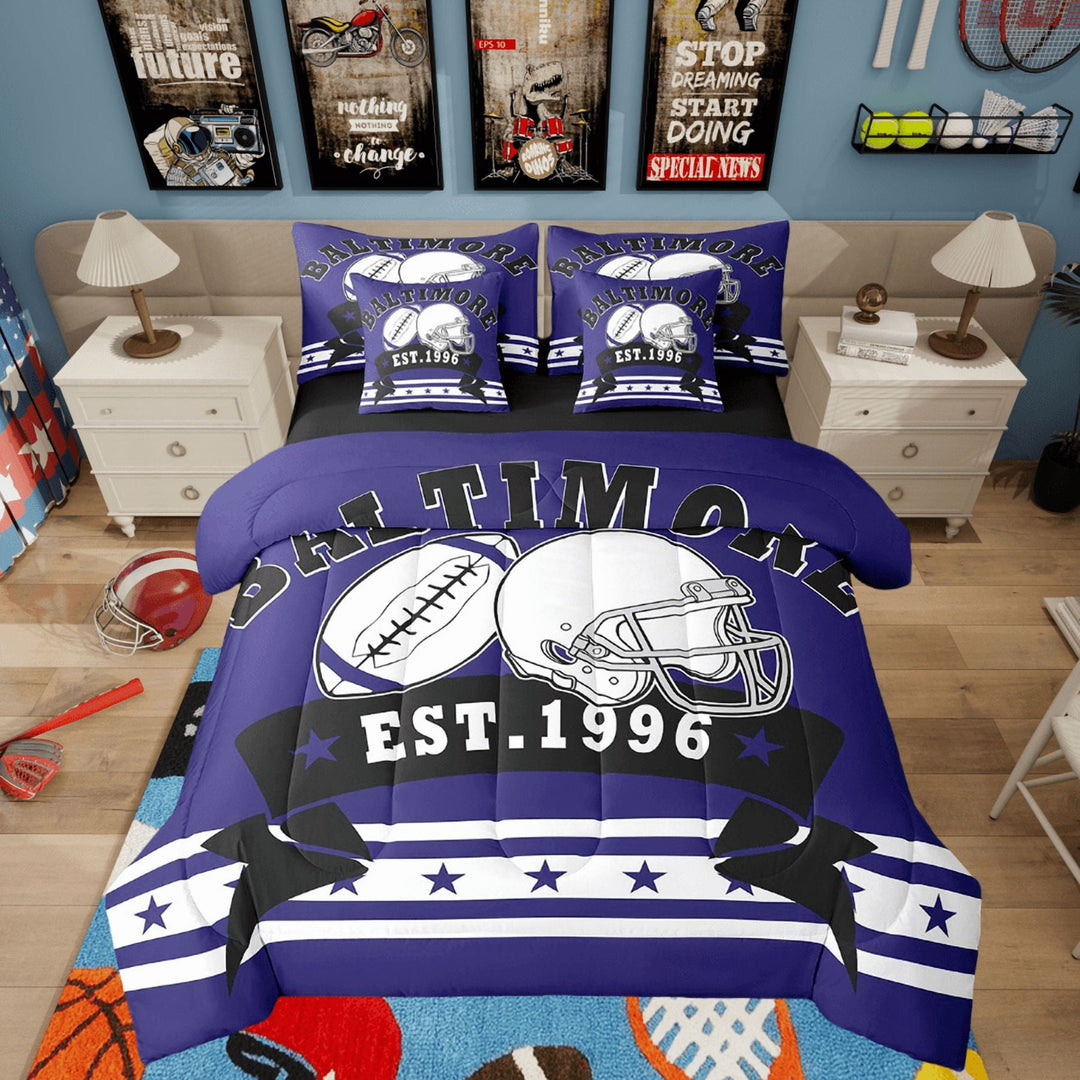 7Pcs American Football Bedding Sets Rugby Helmet 3D Sports Decor Comforter Twin, American Football City Style Bed Set Sports Ball Games Bedroom Comforter With Sheets (Baltimore)