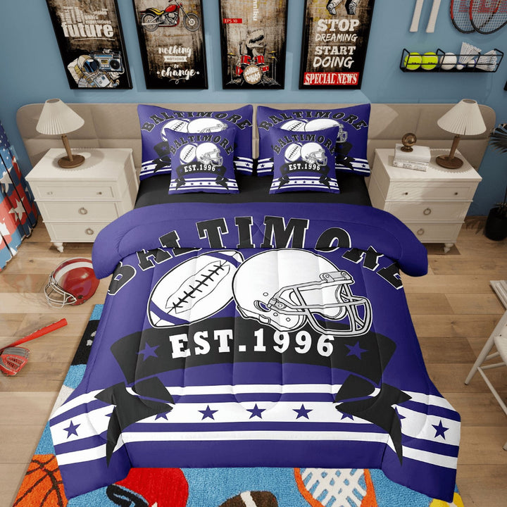 7Pcs American Football Bedding Sets Rugby Helmet 3D Sports Decor Comforter Twin, American Football City Style Bed Set Sports Ball Games Bedroom Comforter With Sheets (Baltimore)