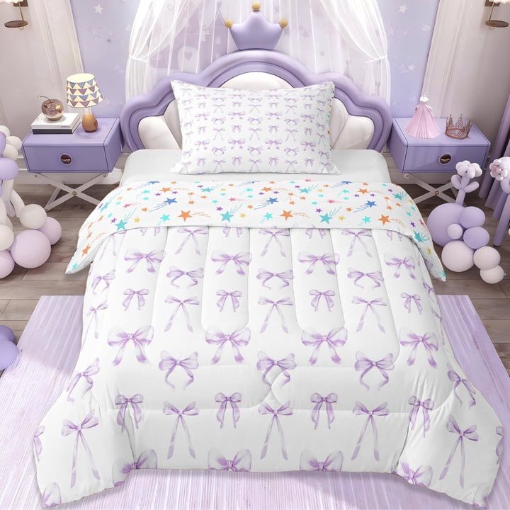 Erosebridal Purple Cute Bow Twin Comforter Sets For Girls Teens,Kawaii Girly Bowknot Bedding Set,Dreamy Princess Style, Reversible 2-Piece