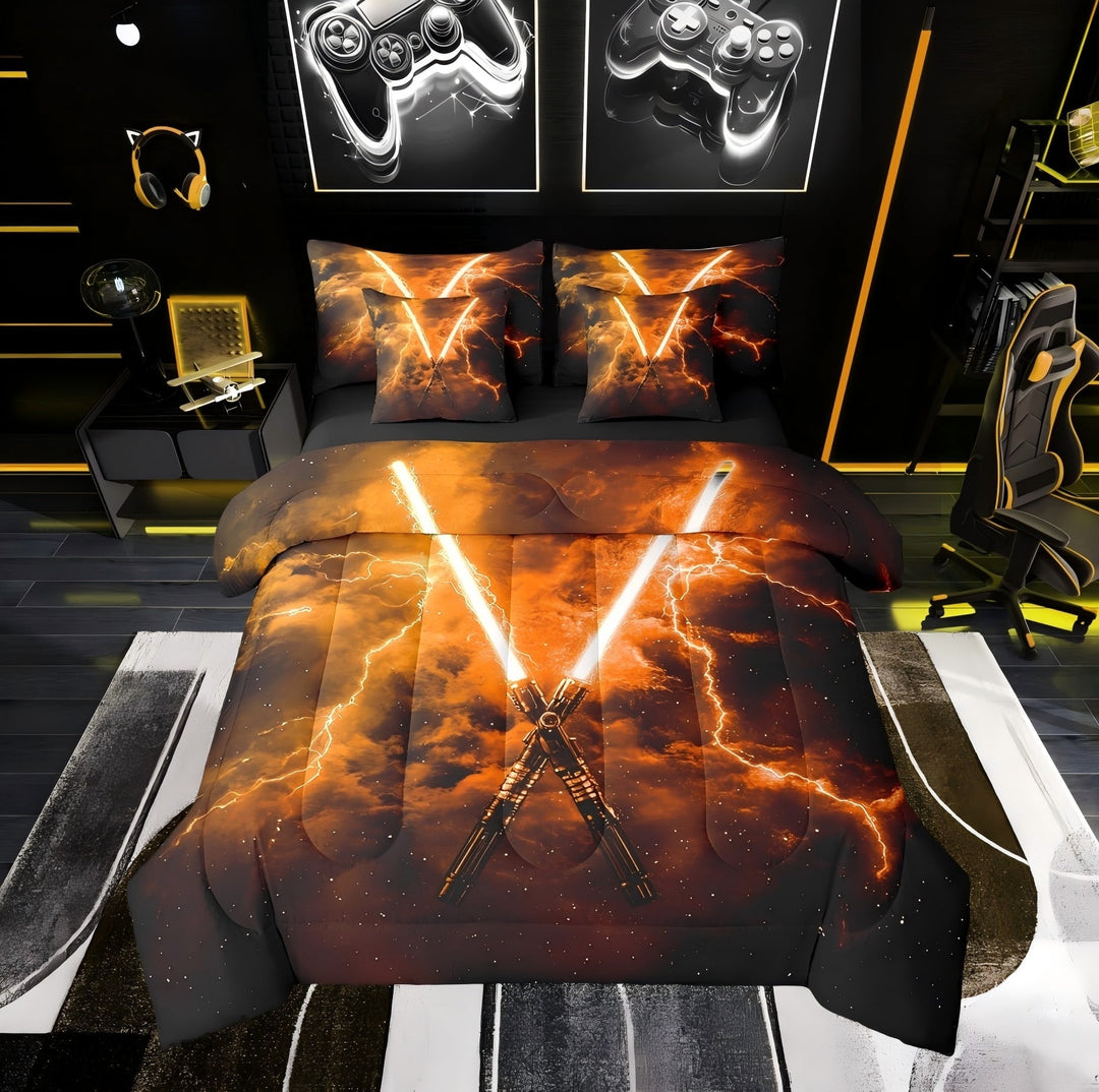 Erosebridal Chic Lightning Comforter Sets Twin Size, Orange Comforters &amp; Duvets, Lightning Decor, Reversible 7-Piece