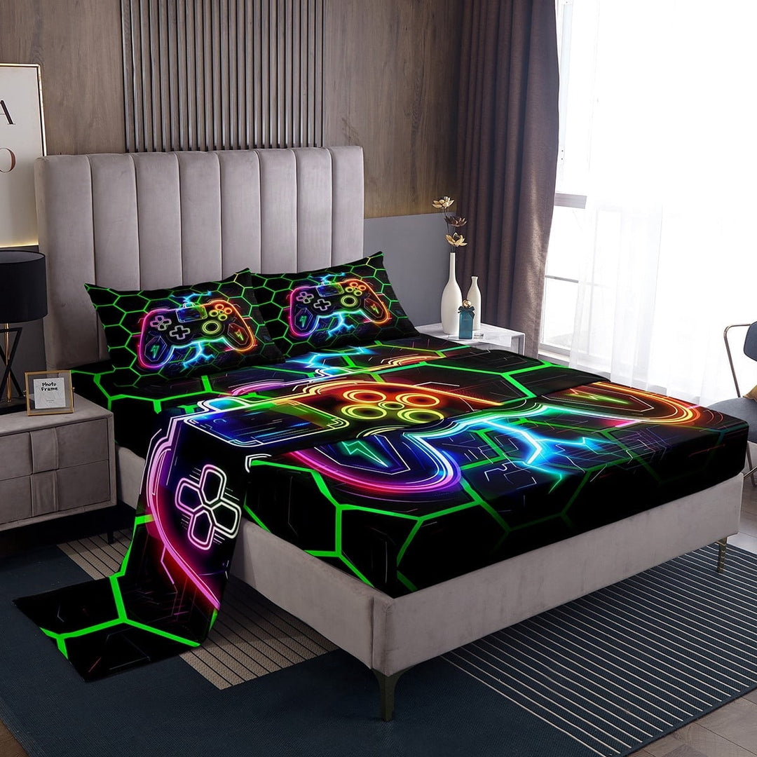 Erosebridal Gaming Sheet Set Twin Teens, Geometry Hexagon Bedding Sets Twin Size, Game Room Decor, 3-Piece (Top Sheet, Fitted Sheet, Pillowcase)