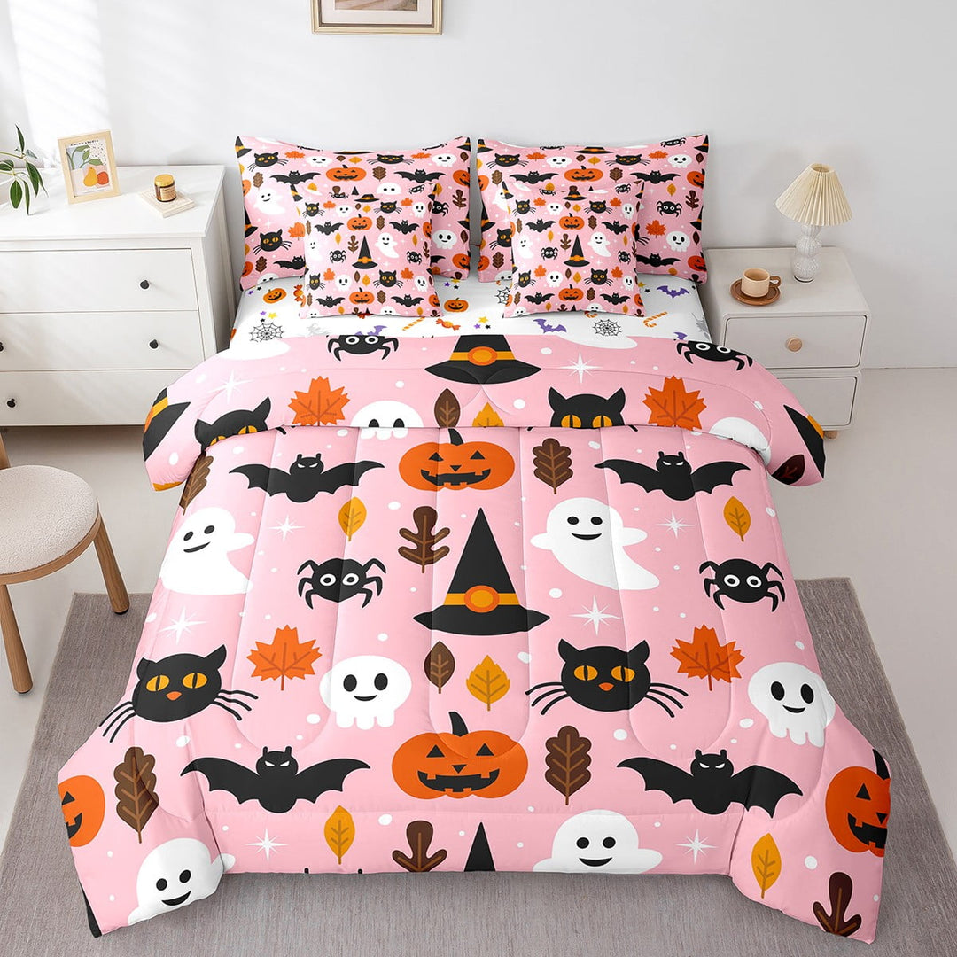 Bats Halloween Decoration Bed in a Bag Queen Comforter Set 7 Piece,Ghost Spider Bedding Sets Gothic Black Cat Witch Hat Pumpkin Sheet Set with Comforter,Pink