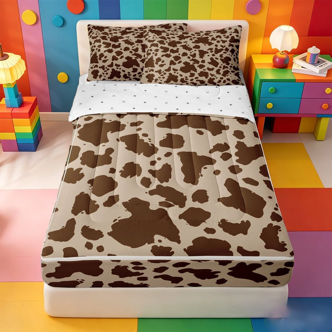 meiyoeat Brown Cow Print Zipper Full Size Comforter Sets with Fitted Sheet and 2 Pillowcases For Boys,Rustic Farmhouse Zipper Bedding Set,Reversible,4-Piece