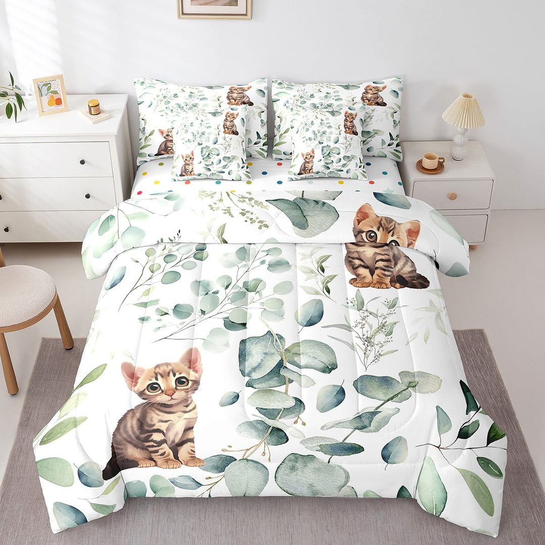 Kawaii Cat Bedding Comforter Sets 7pcs Cartoon Animal Bed in a Bag, Eucalyptus Leaves Twin Bedding Sets Kitten Pet Lovers Comforter Set, Tropical Botanical Bedding Sets
