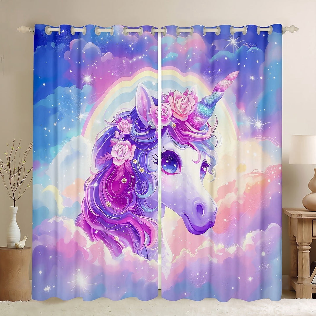 jejeloiu Kawaii Unicorn Black Out Curtains,Purple Flower Floral Curtains Pack of 2 (42x63 Each),Galitter Stars Print Bedroom Curtains For Child,Ultra Soft Bedroom Decorative