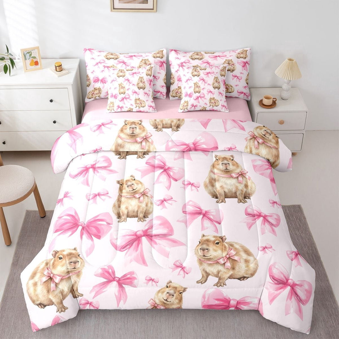 Erosebridal Cartoon Capybara Twin Bedding Sets 7-Piece For Kids,Pink Ribbon Bow Tie Bedding Comforter Set For Children Boys Girls,Pink Reversible