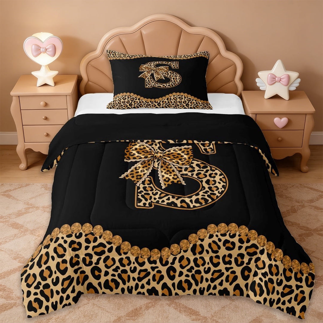 Erosebridal Brown Initial Alphabet S Twin Comforter Sets,Fashion Women Cheetah Print Bedding Set For Girls Kids,Black Reversible,2 Pieces